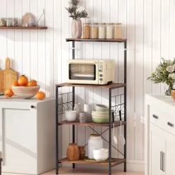 Northio Köksö>Kökshylla, 4 nivåer, bänkskiva, 8 krokar, metall, brun/svart