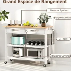 COSTWAY Köksö>Kökshylla i 3 nivåer , Arbetsyta i trä, 2 lådor, Öppna hyllor, Låsbara hjul, Handtag,