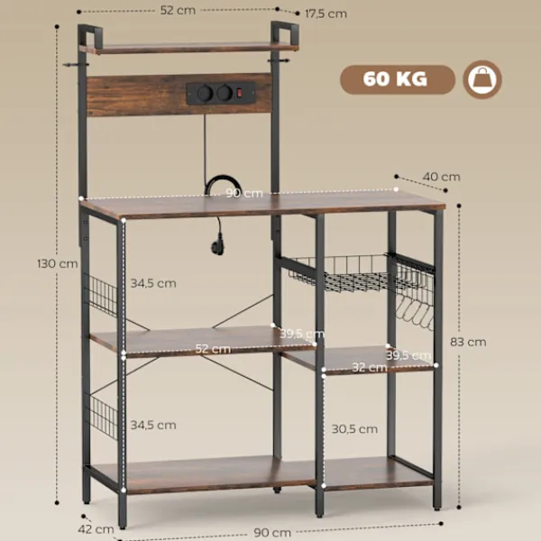 Northio Köksö>Kökshylla med 2 uttag, 5 krokar, 5 nivåer, stål
