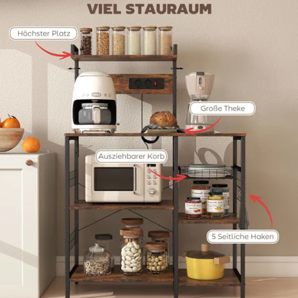 Northio Köksö>Kökshylla med 2 uttag, 5 krokar, 5 nivåer, stål