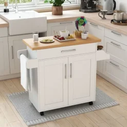 COSTWAY Köksö>Köksvagn , Låsbara universella hjul, Låda, Justerbar hylla, Kryddställ, Handduksställ,