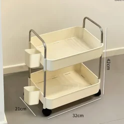 Köksö>Köksvagn, förvaringsvagn med hängande korg, 2-vånings förvaringshylla med hjul, lätt att montera