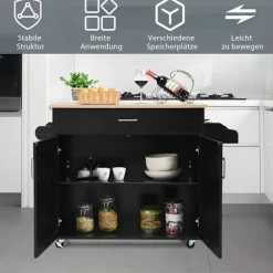B2X Köksö>Köksvagn köksö med låda och höj- och sänkbar hylla 116 x 40 x 85 cm svart + natur