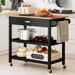COSTWAY Köksö>Köksvagn med 3 nivåer , Trämontage, Låda, 2 öppna hyllor, Låsbara hjul, Handtag, Svart