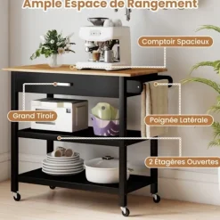 COSTWAY Köksö>Köksvagn med 3 nivåer , Trämontage, Låda, 2 öppna hyllor, Låsbara hjul, Handtag, Svart