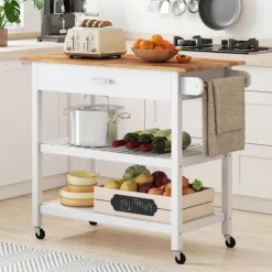COSTWAY Köksö>Köksvagn med 3 Nivåer , Arbetsyta i Trä, Låda, 2 öppna Hyllor, Låsande Hjul, Handtag, Vit
