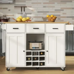 Köksö>Köksvagn med avtagbar arbetsyta, handdukshållare & kryddhylla, justerbara avdelare, vit, trälook