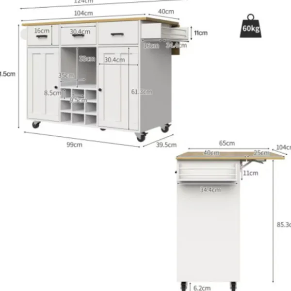Köksö>Köksvagn med avtagbar arbetsyta, handdukshållare & kryddhylla, justerbara avdelare, vit, trälook