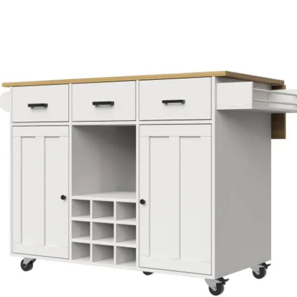 Köksö>Köksvagn med avtagbar arbetsyta, handdukshållare & kryddhylla, justerbara avdelare, vit, trälook