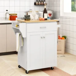 COSTWAY Köksö>Köksvagn med hjul , Låda, Förvaringsskåp, Kryddställ, Handduksställ, Justerbar hylla, Vit