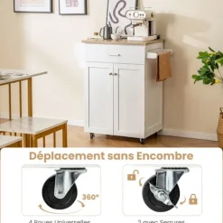 COSTWAY Köksö>Köksvagn med hjul , Låda, Förvaringsskåp, Kryddställ, Handduksställ, Justerbar hylla, Vit