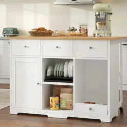 Köksö>Köksvagn med matskål för husdjur & låda, mobil köksö 120x90cm, serveringsvagn, vit