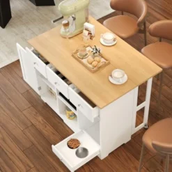 Köksö>Köksvagn med matskål för husdjur & låda, mobil köksö 120x90cm, serveringsvagn, vit