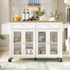 Köksö>Köksvagn med trästruktur, mobil serveringsvagn med glasdörrar och hjul, stort förvaringsutrymme, mångsidig, vit