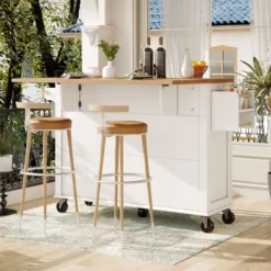 Köksö>Köksvagn med trästruktur, mobil serveringsvagn med glasdörrar och hjul, stort förvaringsutrymme, mångsidig, vit