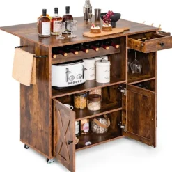 Northio Köksö>Köksvagn på hjul Serveringsvagn med hopfällbar bänkskiva 121 x 68 x 88 cm Rustikbrun