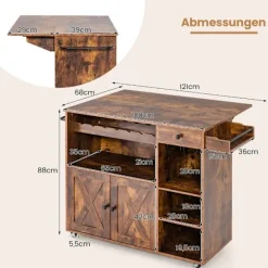 Northio Köksö>Köksvagn på hjul Serveringsvagn med hopfällbar bänkskiva 121 x 68 x 88 cm Rustikbrun