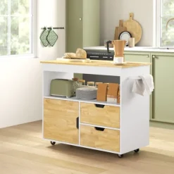 Northio Köksö>Köksvagn serveringsvagn med bänkskiva, lådor, vagn med köksskåp med soft close dörr, handtag, köksö med öppet fack för kontor, 107x50x85cm, ek