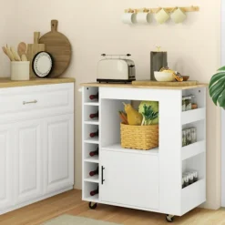 Northio Köksö>Köksvagn serveringsvagn med bänkskiva, hyllor, vinställ, köksskåpvagn med mjukstängande gångjärn, handtag, köksö för kontor, 83x40x83cm, ek