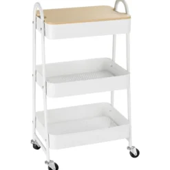 Northio Köksö>Köksvagn 3-Vånings Metallvagn Med Stort Förvaringsutrymme Och Lock, För Kök Och Kontor, Stål, Vit, 45X31X79,4Cm