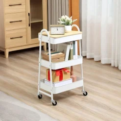 Northio Köksö>Köksvagn 3-Vånings Metallvagn Med Stort Förvaringsutrymme Och Lock, För Kök Och Kontor, Stål, Vit, 45X31X79,4Cm