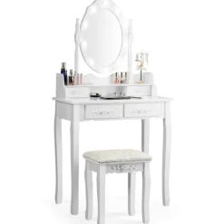 Northix Sminkbord>Klassiskt sminkbordsset med pall LED-lampor kosmetikabord 75 x 40 x 146 cm vit