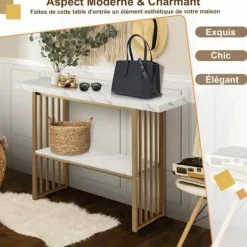 COSTWAY Småbord>KOSTWAY Marmor Effekt Entrekonsolbord - 2 Nivåer 120 x 29,5 x 92,5 cm (L x B x H) metallram - Skandinavisk Stil