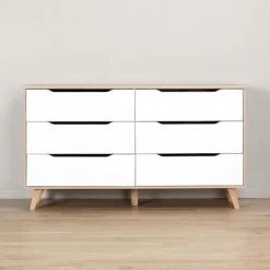 Byråer>6-lådors byrå - I spånskiva - Ek och vit dekor - Modern - L 154 x D 42 x H 86 cm