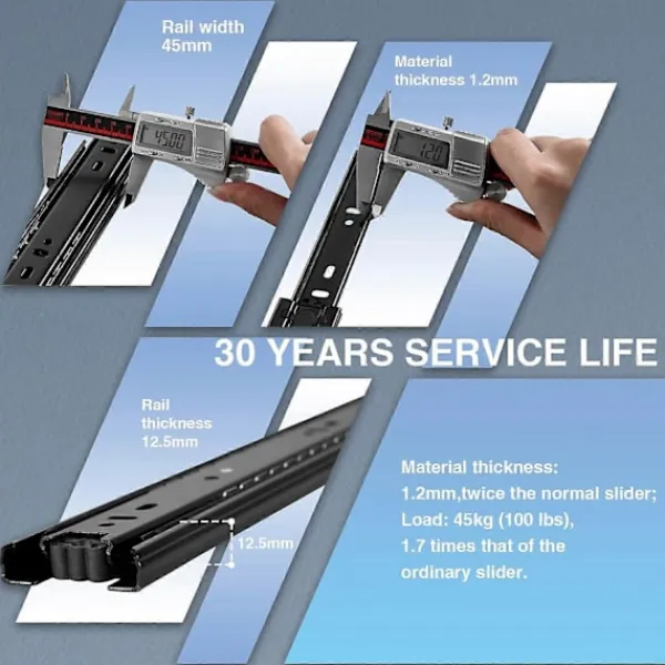 NICEGOU Skåp>Lådskena med stötdämpare, 45 kg lastkapacitet med kullager 200 250 300 350 400 450 500 550 600 mm full förlängning, sidomontering