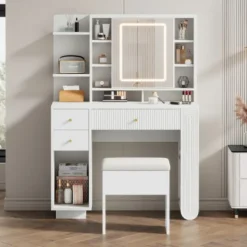 Sminkbord>LED sminkbord med spegel & pall – Justerbart sminkbord med lådor & belysning – vit, 100×40×138 cm