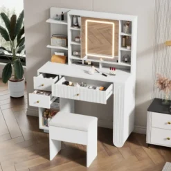 Sminkbord>LED sminkbord med spegel & pall – Justerbart sminkbord med lådor & belysning – vit, 100×40×138 cm