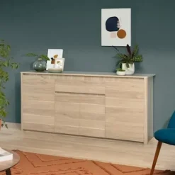 PARISOT Byråer>Låg skänk - Spånskiva - Dakota ekdekor - 4 dörrar + 1 låda - Betty - L 185 x D 46 x H 85,5 cm