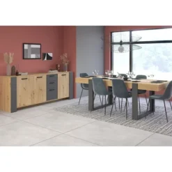 PARISOT Matgrupper>LOFT skänk + bordsset - - Hantverks och grå - 3 dörrar - 8 personer