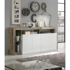 MAESTRO Sideboards>skänk - Spånskiva - Vintage träeffekt och vitlackerad - 4 dörrar - L 184 x D 42 x H 93 cm