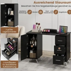 B2X Sminkbord>Manikyrbord med lådor skåp & Handledsstöd manikyr bord svart