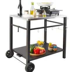 DUOKU Köksö>Matbord för utomhusgrill – – Dubbelhylla – Mobil matberedningstabell för grill