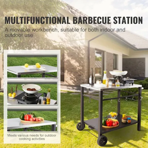 DUOKU Köksö>Matbord för utomhusgrill – – Dubbelhylla – Mobil matberedningstabell för grill