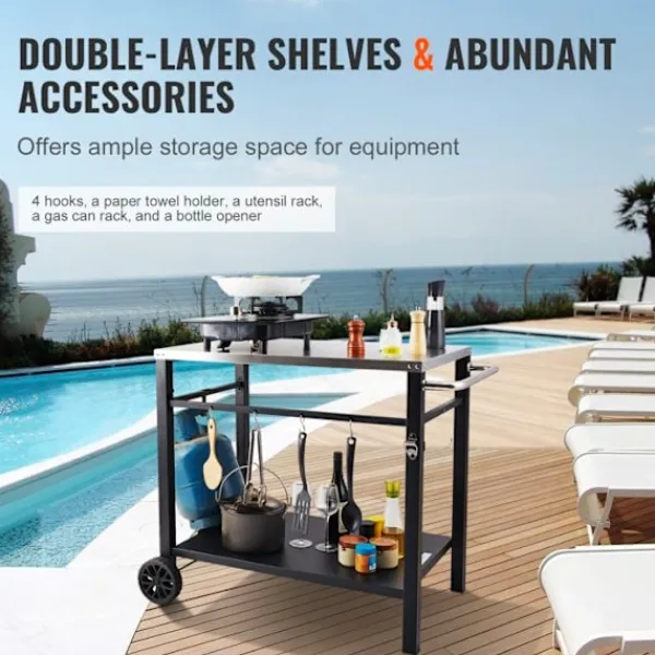 DUOKU Köksö>Matbord för utomhusgrill – – Dubbelhylla – Mobil matberedningstabell för grill