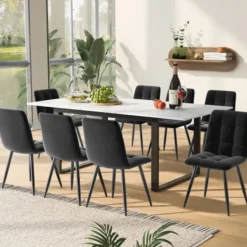 Matgrupper>Matsalsset med 8 sammetsstolar & utdragbart bord (140-180x80cm), grå, vit MDF-skiva & svarta ben, modernt