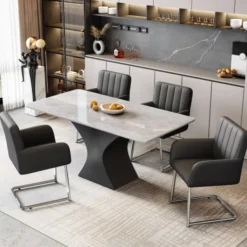 Matgrupper>Matsalsstolar, Set om 4, med vertikala ränder, klädd fåtölj i konstläder med sicksackben i metall, svart