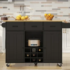 Köksö>Mobil köksvagn med arbetsyta, justerbara fack, handdukshängare, kryddhylla, trälook, svart