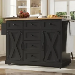 Köksö>Mobil köksvagn med trästruktur, mångsidig köksö med gott om förvaringsutrymme, serveringsvagn, svart