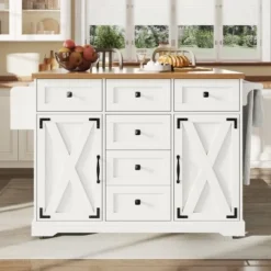 Köksö>Mobil köksvagn med trästruktur, mångsidig köksö med gott om förvaringsutrymme, serveringsvagn, vit