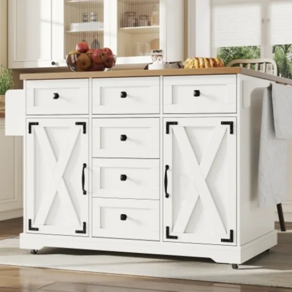 Köksö>Mobil köksvagn med trästruktur, mångsidig köksö med gott om förvaringsutrymme, serveringsvagn, vit