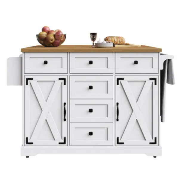 Köksö>Mobil köksvagn med trästruktur, mångsidig köksö med gott om förvaringsutrymme, serveringsvagn, vit