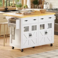 Köksö>Mobil skänk med bromsar, köksö med justerbara hyllor, mångsidig för kök och vardagsrum, vit