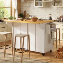 Köksö>Mobil skänk med bromsar, köksö med justerbara hyllor, mångsidig för kök och vardagsrum, vit