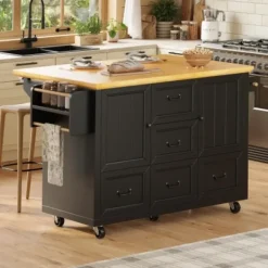 Köksö>Mobil skänk med hjul, köksö med 5 lådor & kryddhylla, utdragbar, gott om förvaringsutrymme, vit/svart