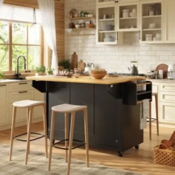 Köksö>Mobil skänk med hjul, köksö med 5 lådor & kryddhylla, utdragbar, gott om förvaringsutrymme, vit/svart