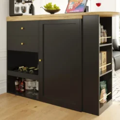 Köksö>Modern 360° vridbart barbord (105 cm) – Med 2 lådor, skjutdörr & öppen förvaringsyta